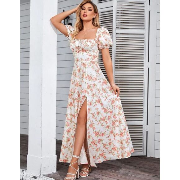 NEW Puff Sleeve Floral Split Maxi Dress Flowy A Line XL - Picture 4 of 7